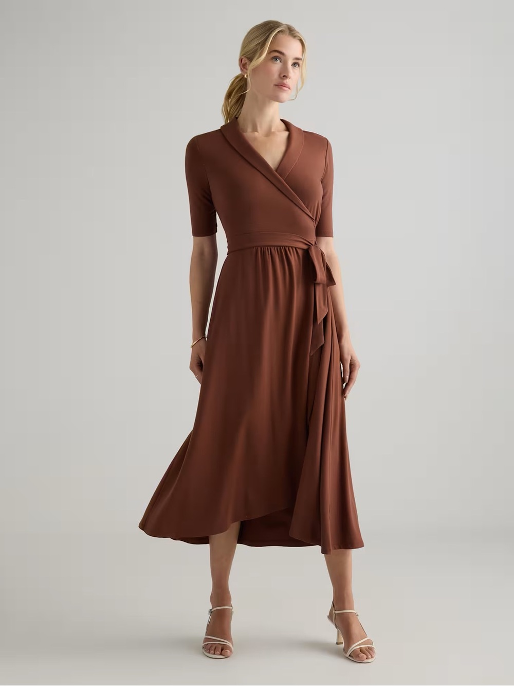 Quince Brown Midi Wrap Dress with Self-Tie Waist